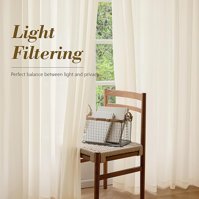 FMFUNCTEX Sheer Non-See-Through Butter Cream Curtains for Bedroom, Faux Silk That Let Light Curtains 96 inches Long Light Filtering Privacy Sheer Window Drapes for Living Room, Rod Pocket 2 Panels Set