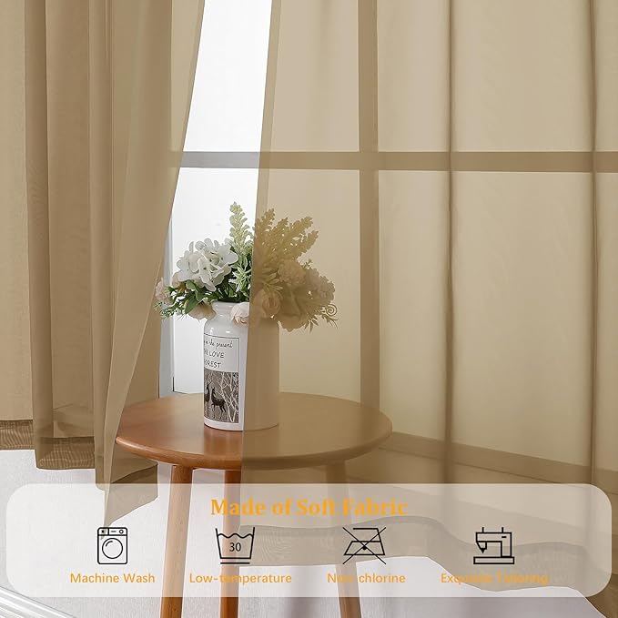 Gwine Taupe Sheer Kitchen Curtains 36 Inch Length, Light Filtering Voile Soft Airy Small Cafe Curtains, Short Window Curtain for Bathroom Basement, 42x36 inch, 2PCS