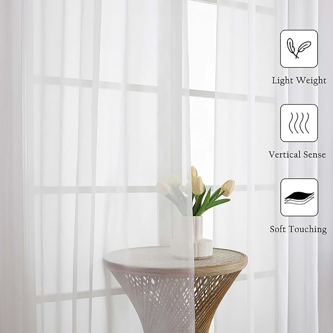 Lecloud White Sheer Curtains 84 Inches Long 2 Panels, Solid Airy Voile Extra Wide Curtain Drapes, Elegant Light Filtering Window Treatments for Living Room Bedroom with Dual Rod Pocket, 59" W x 84" L