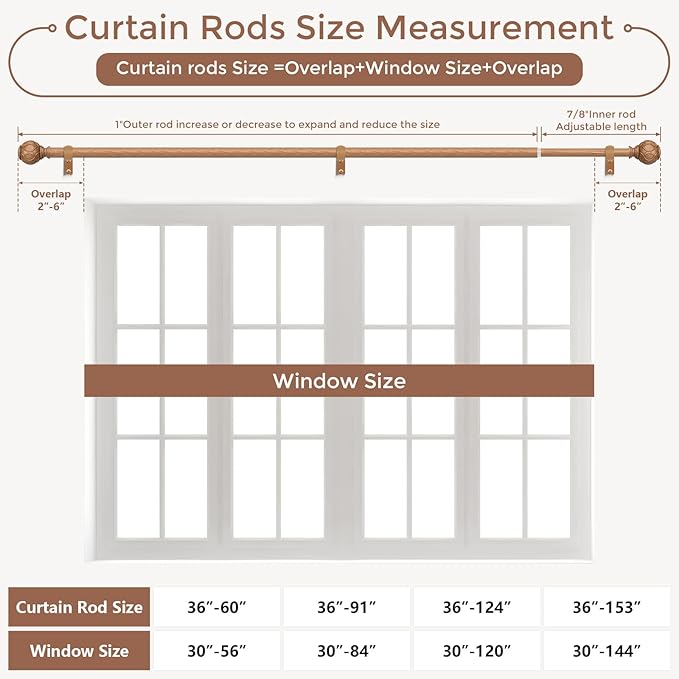 Long Wood Curtain Rods for Windows 66 to 120 Inch, Boho Vintage Decorative 1'' Wooden Curtain Rod, Adjustable Heavy Duty Rustic Farmhouse Drapery Pole with Netted Imitation Wood Grain Finials