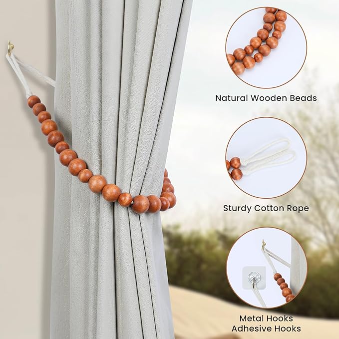 Wood Bead Curtain Tiebacks, KLOGTSIND Set of 6 Curtain Holdbacks for Thin or Thick Window Draperies, Boho Farmhouse Curtain Tiebacks with Hooks, Curtain Tie Backs for Home Office Room Decor