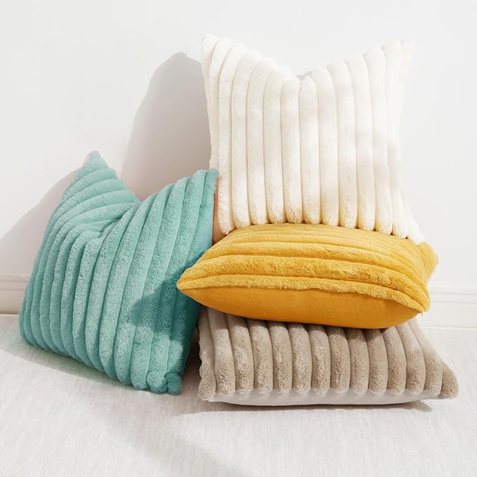 decorUhome Summer Cozy Faux Fur Throw Pillow Covers 16x16 Set of 2 Decorative Soft Plush Striped Modern Farmhouse Boho Couch Pillow Cases with Velvet Back for Sofa Bed Living Room, Aqua