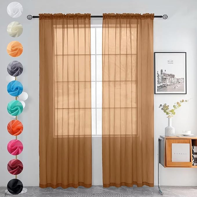 youleyar Solid Sheer Rod Pocket Curtain Voile Draperies 2 Panels White Beige Black Grey Ivory 52 Inch Width 63 Inch Long 1 Pair for Kitchen Bedroom Children Living Room Yard (Light Brown,52Wｘ63L)