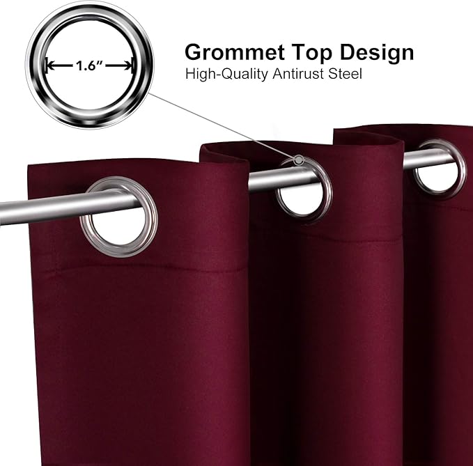 ChrisDowa Grommet Blackout Curtains for Bedroom and Living Room - 2 Panels Set Thermal Insulated Room Darkening Curtains (Burgundy Red, 52W x 95L)