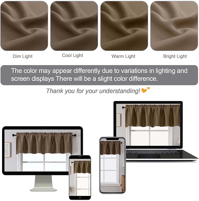 Chyhomenyc Brown Valances for Window, Room Darkening Short Curtains for Kitchen Bedroom Living Room, Rod Pocket Top Small Window Treatment Valance RV Bunk Panels, 60Wx14L, 2 Pieces