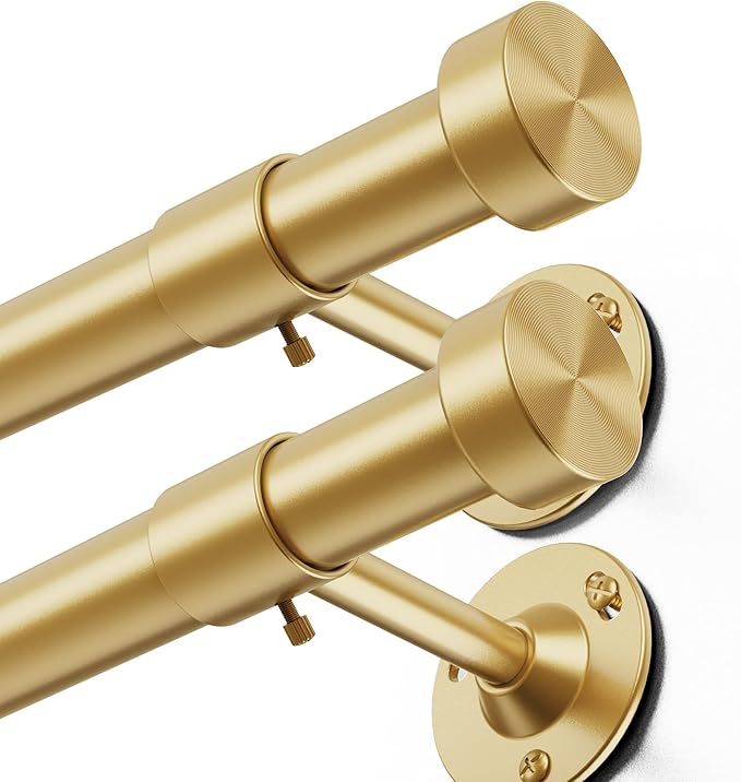 YaFex 2 Pack Heavy Duty Curtain Rods 32-120 Inch, 1 Inch Adjustable Gold Curtain Rod for Windows, Long Window Treatment Rods Set with Aluminium Finials, Modern Design
