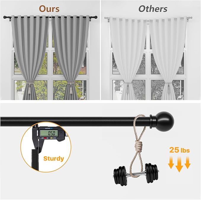 Black Curtain Rods for Windows 66 to 120, Adjustable Length, Heavy Duty Steel Rod, Wall Mounted, 120 Inch