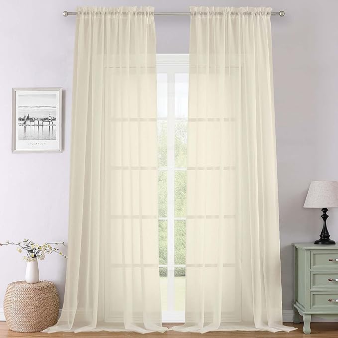 Lecloud Cream Sheer Curtains 108 Inches Long 2 Pcs, Dual Rod Pocket Home Decor Living Room Curtains for Bedroom, Light Filtering Airy Voile Solid Elegant Soft Drapes, Each Panel 59" W x 108" L