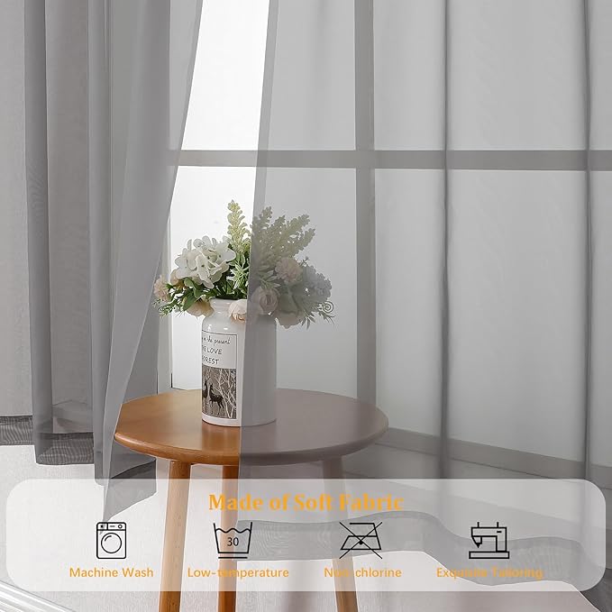 Gwine Charcoal Grey Sheer Curtain Tiers 24 Inch Length, Light Filtering Voile Short Curtain for Living Room Bedroom, Rod Pocket Cafe Curtains for Small Windows 42x24 Inch, 2PCS