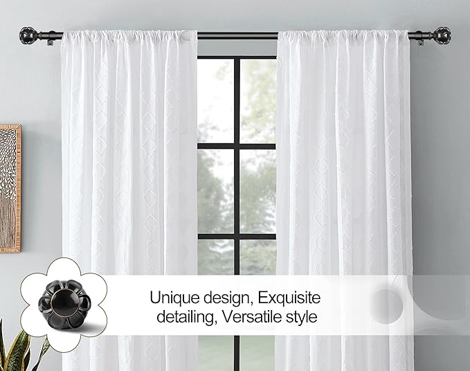 KAMANINA 1 Inch Curtain Rod Telescoping Single Drapery Rod 36 to 72 Inches (3-6 Feet), Black Curtain Rods for Windows 24 to 68 Inches, Netted Texture Finials