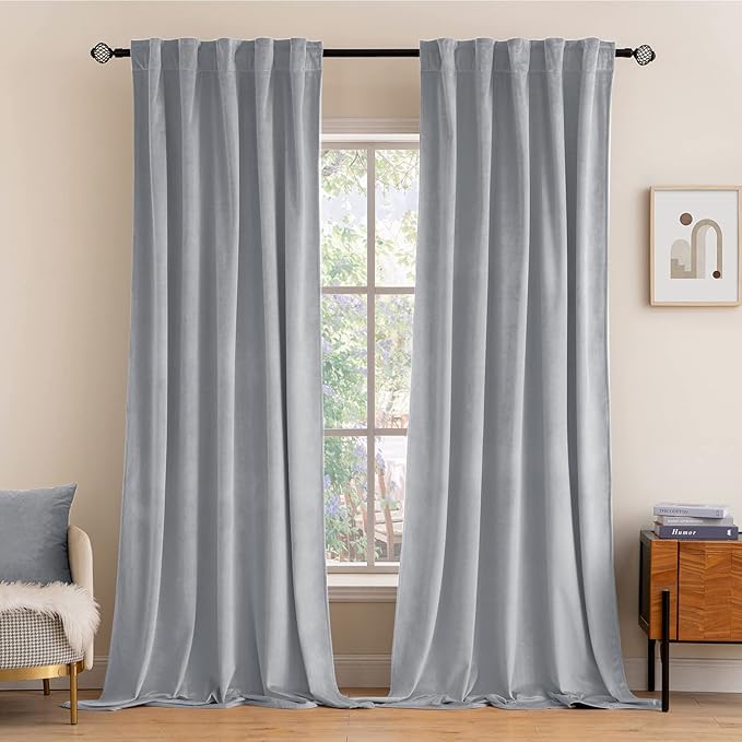 MIULEE Greyish White Velvet Curtains 90 inches 2 Panels - Luxury Blackout Curtains for Bedroom Living Room Thermal Insulated Super Soft Window Drapes Rod Pocket & Back Tab, W 52 x L 90 inch