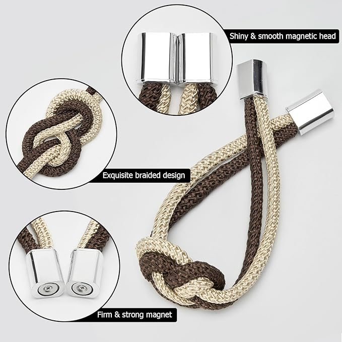 NICEEC 2 Pack Mini Magnetic Curtain Tiebacks Nordic Simple Style Drape Tie Backs Elegant Hand Weave Rope Knot Decorative Curtain Holdbacks for Home & Office Thin Window Drapery (Coffee & Beige)