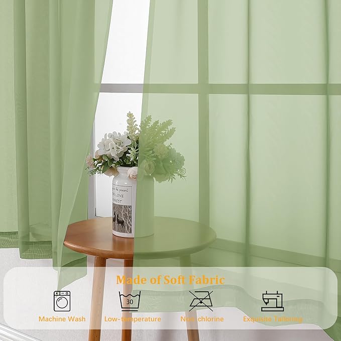 Gwine Light Green Sheer Curtains for Bedroom 54 inches Long 2 Panels, Light Filtering Voile Rod Pocket Curtains, Airy Transparent Sheer Drapes for Living Room, Each 42" Wx54 L