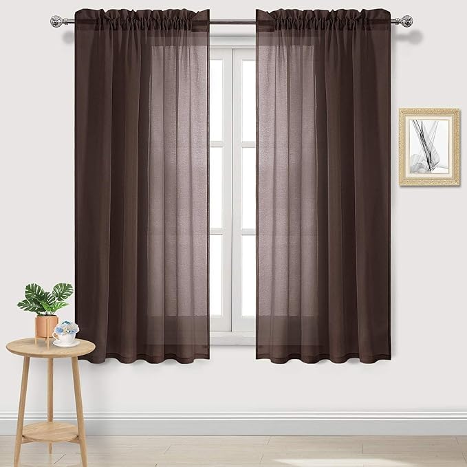 DWCN Brown Sheer Curtains Semi Transparent Voile Rod Pocket Curtains for Bedroom and Living Room, 42 x 63 inches Long, Set of 2 Panels