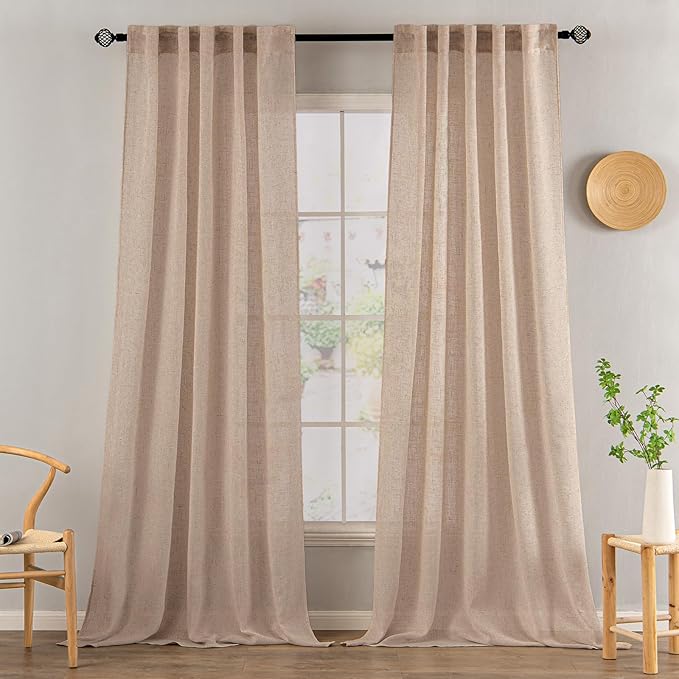 MIULEE Natural Beige Linen Curtains 108 Inches Long 2 Panels for Bedroom Living Room, Soft Linen Textured Window Drapes Semi Sheer Light Filtering Back Tab Rod Pocket Farmhouse Burlap Look Decor