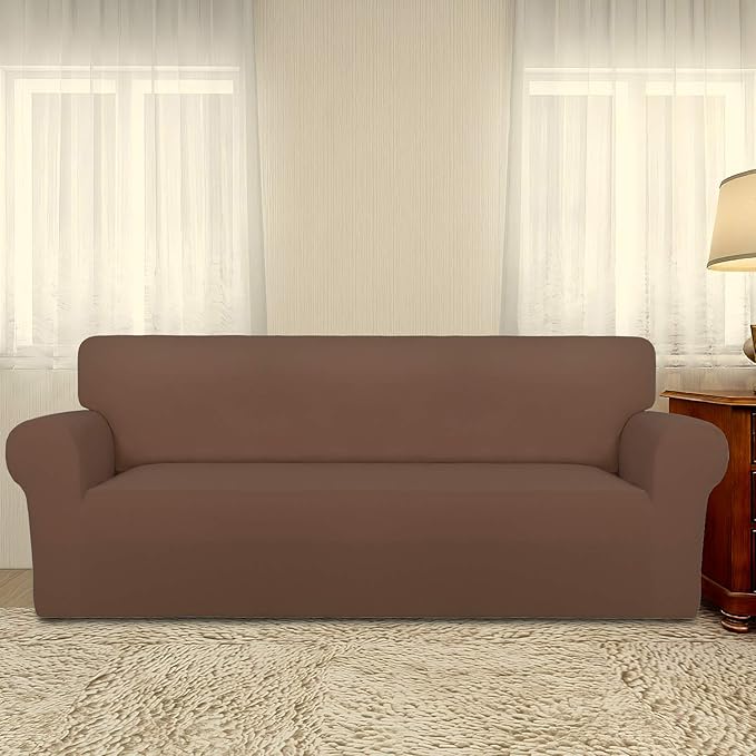 PureFit Super Stretch Sofa Slipcover – Spandex Non Slip Soft Couch Sofa Cover, Washable Furniture Protector with Non Skid Foam and Elastic Bottom for Kids, Pets （Sofa, Brown）