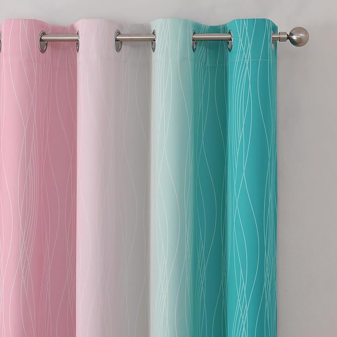 Estelar Textiler Pink and Teal Ombre Blackout Curtains 90 Inches Long 2 Panels Set, Thermal Insulated Drapes for Bedroom, Full Light Blocking Grommet Gradient Curtains for Living Room, 52Wx90L