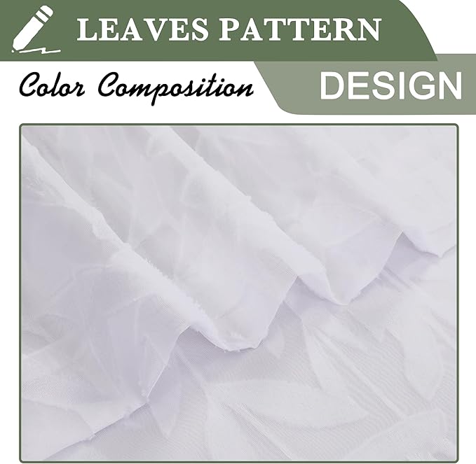 Lecloud Leia White Sheer Curtains 30 Inch Length 2 Pieces, Breathable Jacquard Texture Short Kitchen Curtains, Small Farmhouse Leaves Voile Drapes Dual Rod Pocket, 38 W x 30 L