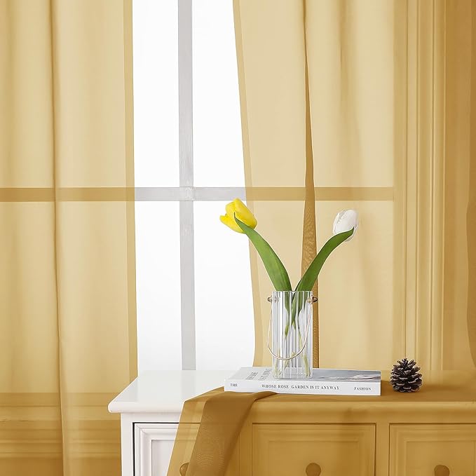 Lecloud Gold Sheer Curtains 54 Inch Length 2 Panels, Light Filtering Voile Curtain Drapes for Bedroom Windows, Dual Rod Pocket Living Room Sheer Curtains, 40 W x 54 L Inches, Gold