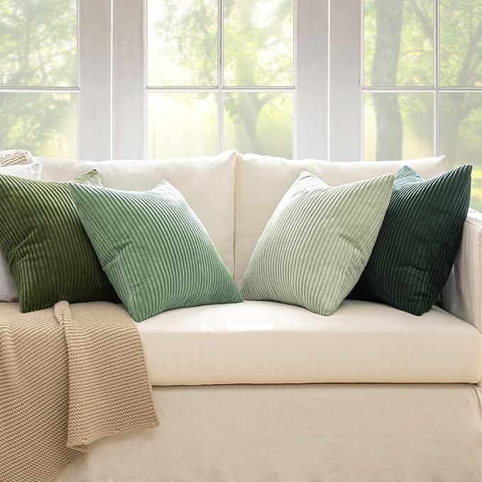 MIULEE Boho Farmhouse Sage Green Throw Pillow Covers 16x16 Inch Set of 4 Mordern Nordic Cushion Covers Soft Corduroy Spring Home Decor for Couch Bed Sofa Living Room Forest Green