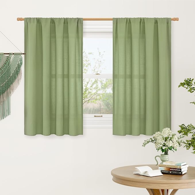 LAMIT Bedroom Linen Curtains 48 Inch Length 2 Panels, Soft Faux Linen Light Filtering Panels Rod Pocket Farmhouse Privacy Drapes for Kitchen/Window/Loft Room, 42 x 48 Inch, Sage Green