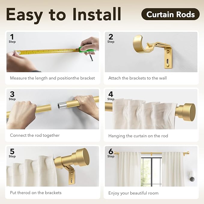 IFELS 2 Pack Heavy Duty Curtain Rods for Windows 72 to 144 Inch, 1 Inch Gold Adjustable Curtain Rod Set with Easy Installation and Modern Design (A1,Gold,30-150",2Pack)