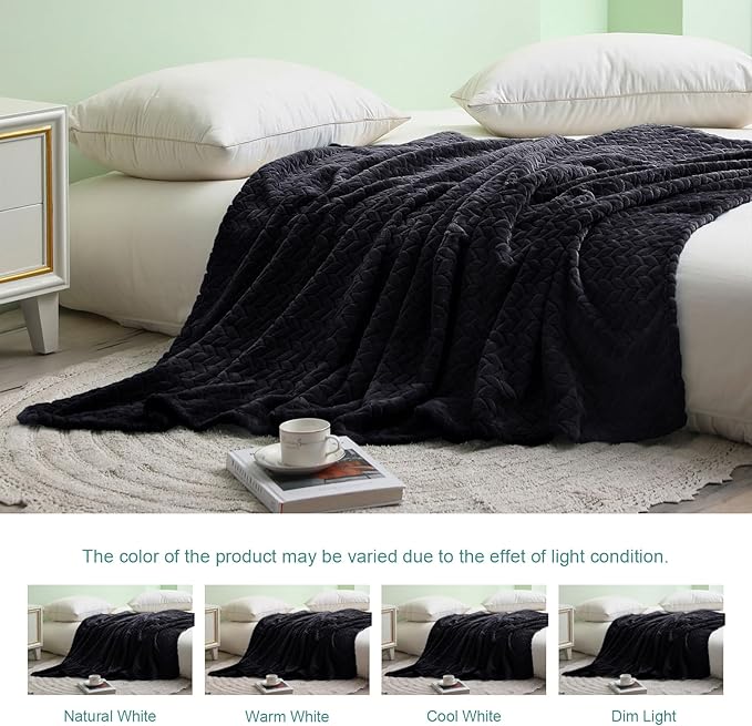 Exclusivo Mezcla Fleece Queen Size Blanket for Bed, 90x90 Inches Soft Cozy Jacquard Flannel Blankets, Lightweight Fuzzy Plush Warm for Women, Black