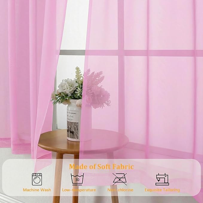 Gwine Sheer Curtains 63 Inch Length - Light Filtering Rod Pocket Window Curtain Panels for Bedroom, Elegant Soft Voile Living Room Sheer Drapes, Each 42Wx63L, 2 Panels, Pink