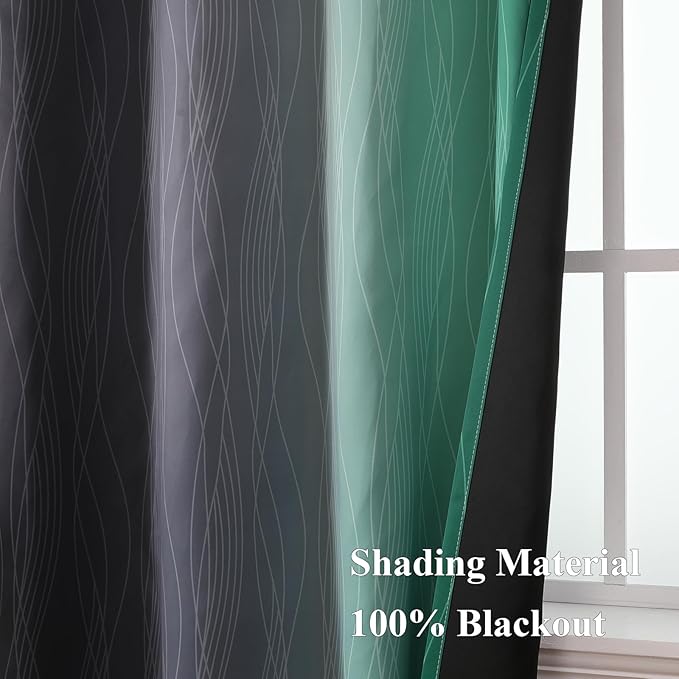 Estelar Textiler Green and Black Ombre Blackout Curtains 54 Inch Length for Kitchen, Room Darkening Thermal Insulated Energy Efficient Grommet Drapes for Bedroom,52x54 Inch,2 Panels