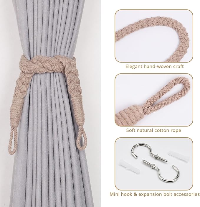 NICEEC 4 Pack Natural Cotton Rope Curtain Tiebacks Elegant Boho Style Decorative Drape Tie Backs Soft Hand-Woven Rope Curtain Holdbacks with Metal Hook for Home & Office Drapery (Grey Coffee)