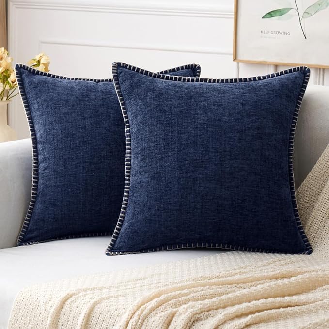 MIULEE Pack of 2 Couch Throw Pillow Covers 16x16 Inch Navy Blue Farmhouse Decorative Pillow Covers with Stitched Edge Soft Chenille Solid Dyed Spring Pillow Covers for Sofa Bed Living Room