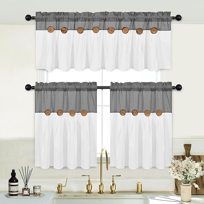 Boho Kitchen Curtains 24 Inch Length, Farmhouse Cotton Linen Tier Curtain, Rustic Button Short Curtains for Windows, Grey Country Cafe Drapes, Rod Pocket Small Window Curtain for Kitchen, 26x24