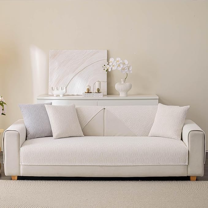 Soft Waterproof Chenille Cover Washable, Non Slip Sectional Sofa Covers for 3 Cushion Couch Sofa L Sharped Sofa Slipcover for Pets, Furniture Protector (1 PCS 36"x82" White)