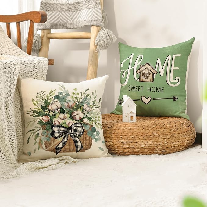 AVOIN colorlife Bless Our Home Farmhouse Eucalyptus Leaves Throw Pillow Covers, 20 x 20 Inch Green Truck Home Sweet Cushion Case Decorations Set of 4