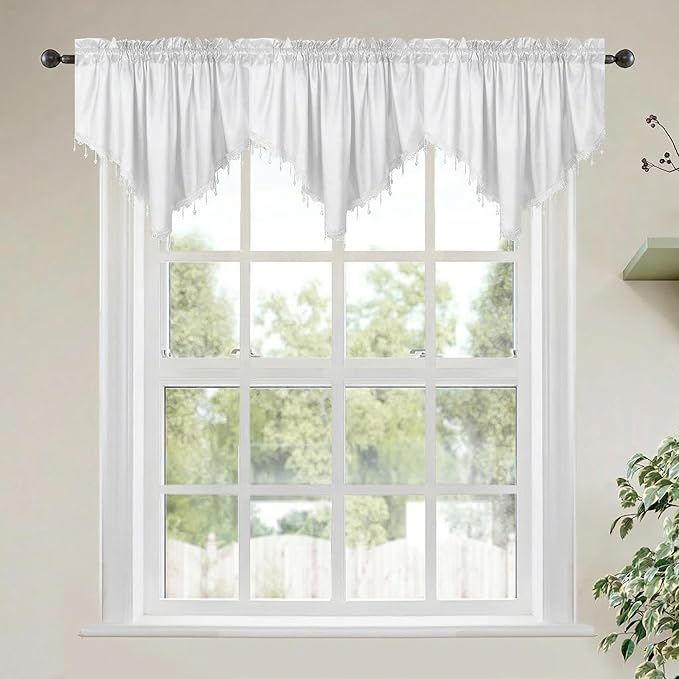 Molaxhome Swag Curtain 51 inch Length Rod Pocket Scalloped Curtain Valance Sheer Lace Panels with Hanging Crystal Beads for Kitchen Bedroom Window Treatments Drape Decor 1pc (Cloth White, 51Wx23L)
