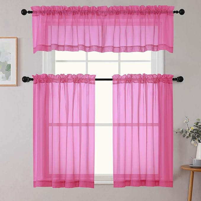 Cafe Curtains 36 Inch Length Tier 2 Pieces, Modern Soft Airy Sheer Kitchen Short Curtains for Small Window, Rod Pocket Small Curtain for Bathroom Basement, Hot Pink, Each, 42" Wx36 L Inches