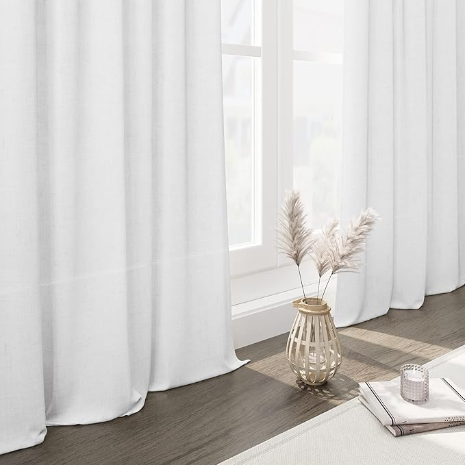 Nanspring White Linen Curtains for Living Room 93 Inches Long Extra Long Back Tab Curtains 2 Panels Set Farmhouse Light Filtering Semi Sheer Linen Drapes Ceiling to Floor for Large Window 52x93