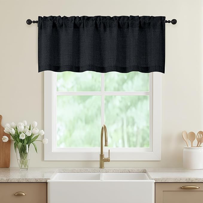 Black Valances for Windows, Light Filtering Faux Linen Textured Small Short Window Curtain for Bathroom Basement Farmhouse, Rod Pocket Top Half Curtains for Windows, 60Wx18L Inch