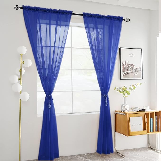 youleyar Solid Sheer Rod Pocket Curtain Voile Draperies 2 Panels White Beige Black Grey Coffee 52 Inch Width 96 Inch Long 1 Pair for Kitchen Bedroom Children Living Room Yard (Sapphire,52Wｘ96L)
