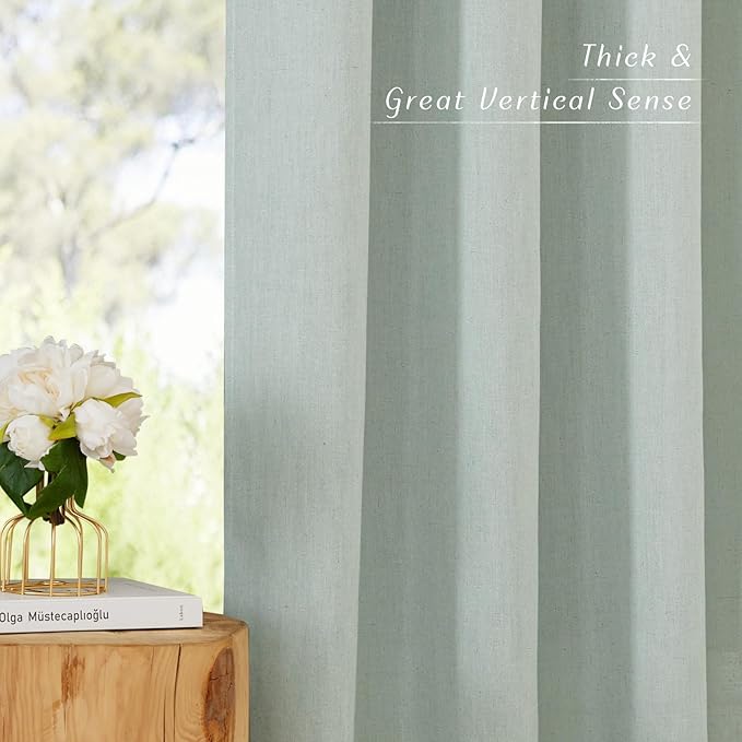 NICETOWN Thick Linen Sage Green Curtains 84 inch Length 2 Panels, Grommet Linen Blend Privacy Added Flax Boho-Chic Light Filtering Window Drapes for Bedroom/Living Room, W55 x L84