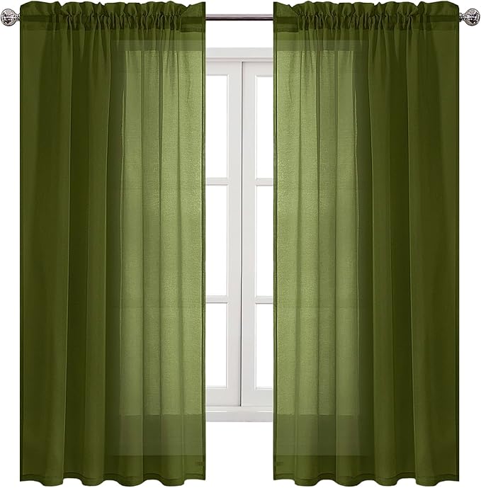 DWCN Olive Green Sheer Curtains Semi Transparent Voile Rod Pocket Curtains for Bedroom and Living Room, 52 x 63 inches Long, Set of 2 Panels