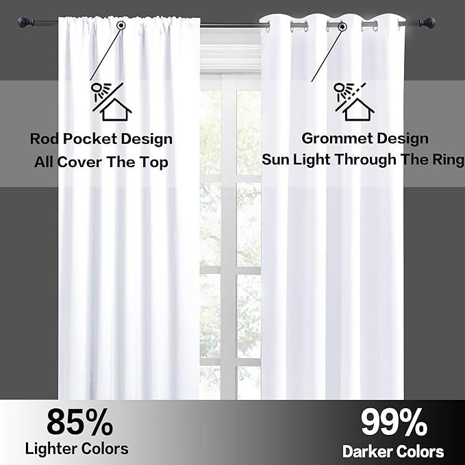 RYB HOME Curtains for Bedroom Living Room 63 inches Long, Thermal Insulated Privacy Rod Pocket Drapes for Nursery Office Home Theater, Width 34 by Length 63, Pure White, 2 Panels