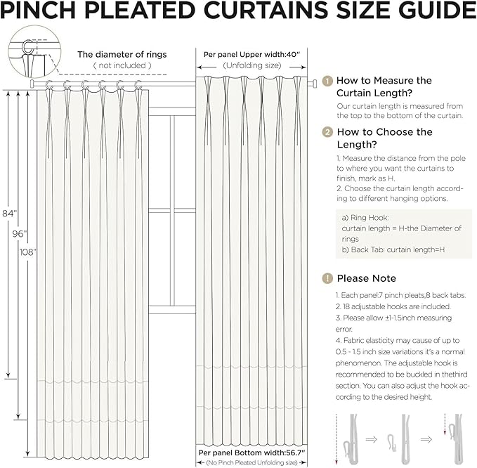 Joydeco Thick Linen Pinch Pleated Curtains 96 Inch Long 2 Panel Set for Living Room, Double-Faced Curtain for Bedroom, Back Tab Blackout Drapes with Adjustable Hooks (40”W x96”L,Thick Linen)