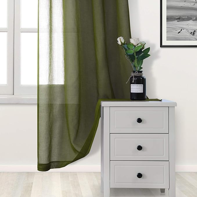 DWCN Olive Green Sheer Curtains Semi Transparent Voile Rod Pocket Curtains for Bedroom and Living Room, 52 x 63 inches Long, Set of 2 Panels