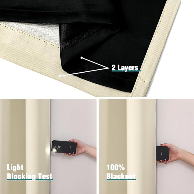 ChrisDowa 100% Blackout Curtains 120 inch Long for Bedroom with Black Liner, 2 Thick Layers Total Blackout Thermal Insulated Grommet Window Curtains 2 Panels Set (Light Beige, 52 x 120 Inch)