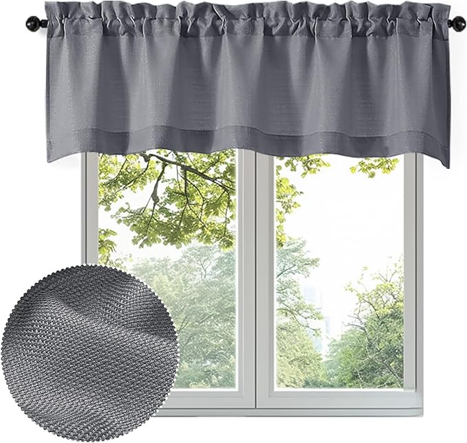 OWENIE Bob Valance Curtains 18 Inch Length 1 Piece, Faux Linen Slub Solid Dark Grey Kitchen Valance for Bedroom Living Room, Farmhouse Soft Airy Rod Pocket Small Window Curtain, Each 60Wx18L Inch