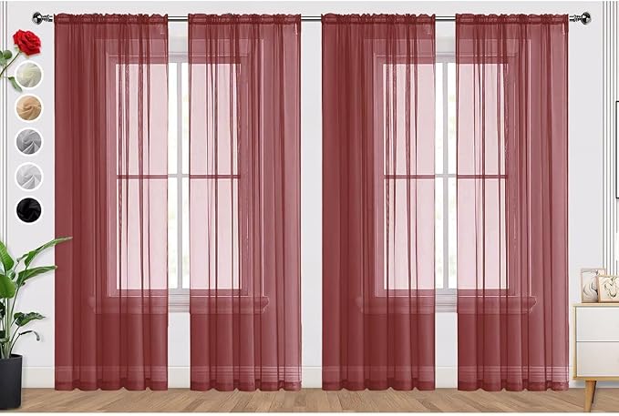 SpaceDresser Burgundy Sheer Curtains 4 Panels Rod Pocket Semi-Sheer Curtain 108 Inches Long Light Filtering Voile Window Drapes for Bedroom Living Room Kitchen, Each 52W x 108L