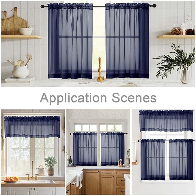 Cafe Curtains 36 Inch Length Tier 2 Pieces, Modern Soft Airy Sheer Kitchen Short Curtains for Small Window, Rod Pocket Small Curtain for Bathroom Basement, Navy Blue, Each, 42"Wx36"L Inches
