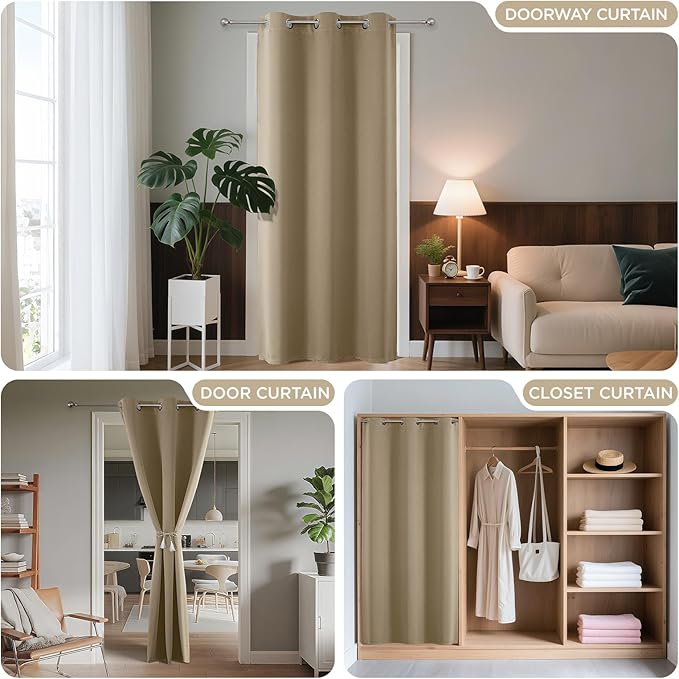 Joydeco Blackout Door Curtain for Doorway Privacy 84 Inches Long, Grommet Closet Curtain for Open Closet, Room Divider for Bedroom Living Room (Light Beige, 52Wx84L, 1 Panel)