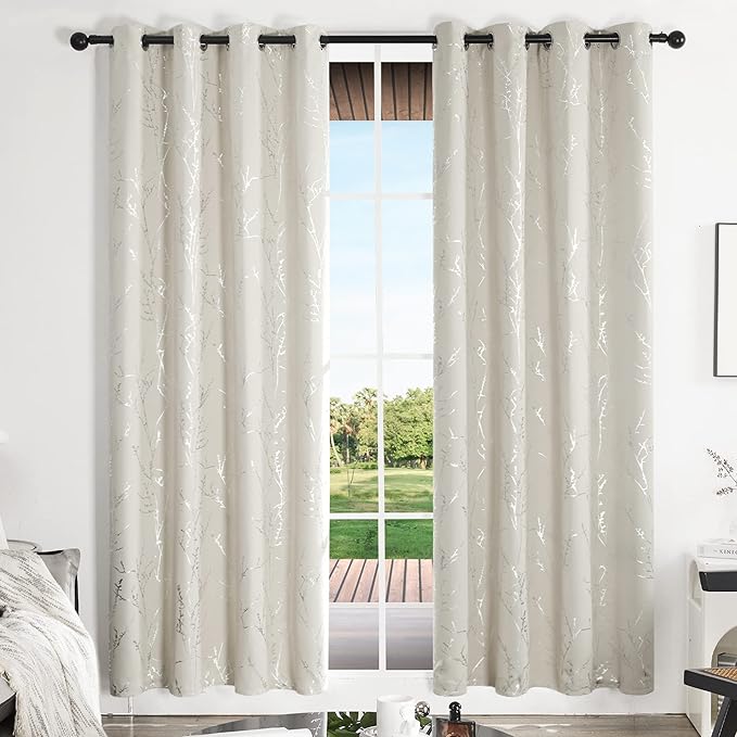 Deconovo Beige Blackout Curtains, Boho Farmhouse Curtain, Thermal Insulated Soundproof Drapes, Silver Branch Print, 52 x 108 Inch Long, Machine Washable Window Panels for Living Room Bedroom, Set of 2